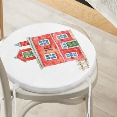 Minyatür Kırmızı Ev Çizimli Dijital Baskılı Yuvarlak Fermuarlı Sandalye Minderi