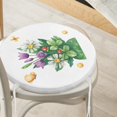 Pastel Renkli Çiçek Tasarımlı Dijital Baskılı Modern Yuvarlak Fermuarlı Sandalye Minderi