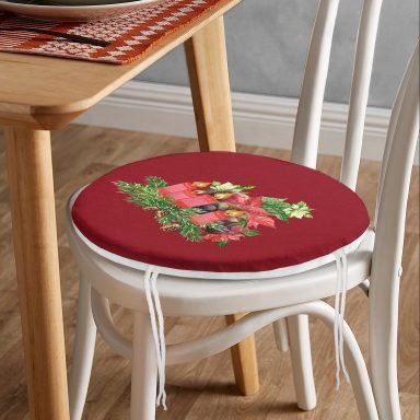 Bordo Zemin Çam Yapraklı Mum Tasarımlı Dijital Baskılı Yuvarlak Fermuarlı Sandalye Minderi