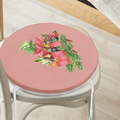 Pembe Zemin Çam Yapraklı Mum Tasarımlı Dijital Baskılı Modern Yuvarlak Fermuarlı Sandalye Minderi