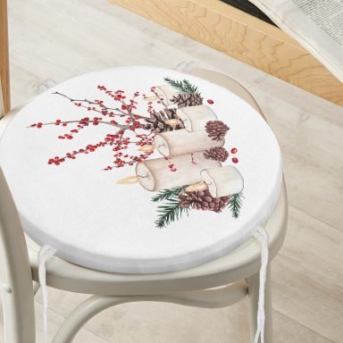 Mum & Kozalak Tasarımlı Christmas Temalı Dijital Baskılı Yuvarlak Fermuarlı Sandalye Minderi