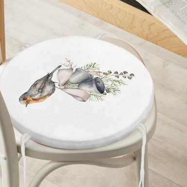 Çan & Kuş Motifli Dijital Baskılı Modern Yuvarlak Fermuarlı Sandalye Minderi