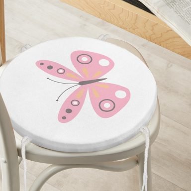 Pembe Kelebek Tasarımlı Dijital Baskılı Modern Yuvarlak Fermuarlı Sandalye Minderi