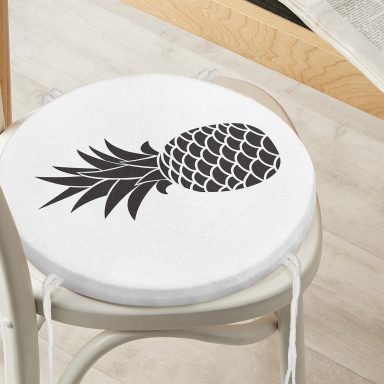 Siyah Beyaz Ananas Dijital Baskılı Yuvarlak Fermuarlı Sandalye Minderi