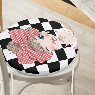 Damalı Fashion Girl Dijital Baskılı Modern Yuvarlak Fermuarlı Sandalye Minderi