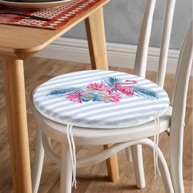 Çizgili Flamingo Zeminli Yuvarlak Fermuarlı Sandalye Minderi