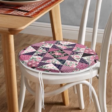 Mürdüm Renk Patchwork Desenli Yuvarlak Fermuarlı Sandalye Minderi