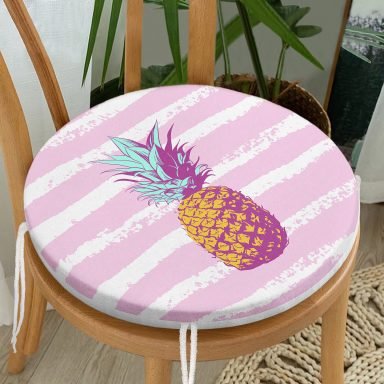 Canlı Renkli Ananas Motifli Dijital Baskılı Yuvarlak Fermuarlı Sandalye Minderi