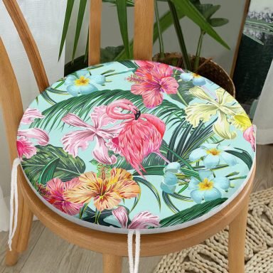 Gülümseyen Flamingo Motifli Dijital Baskılı Yuvarlak Fermuarlı Sandalye Minderi