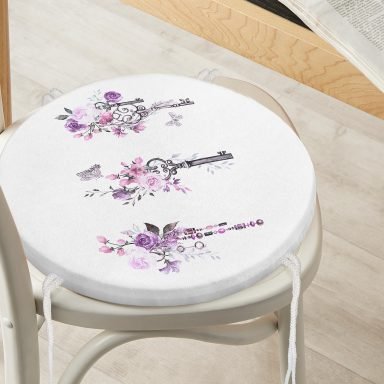 Mor Renk Anahtar Motifli Çiçek Desenli Çizgili Yuvarlak Fermuarlı Sandalye Minderi