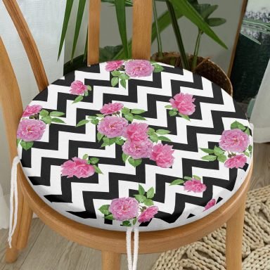 Zikzak Zebra Temalı Gül Motifli Modern Yuvarlak Fermuarlı Sandalye Minderi