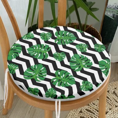 Zikzak Zebra Temalı Yaprak Çizimli Dijital Baskılı Yuvarlak Fermuarlı Sandalye Minderi