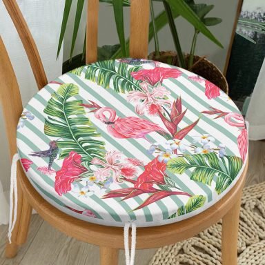 Flamingo Motifli Şerit Desenli Yuvarlak Fermuarlı Sandalye Minderi