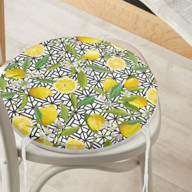 Geometrik ve Limon Desenli 3D Dijital Baskılı Yuvarlak Fermuarlı Sandalye Minderi