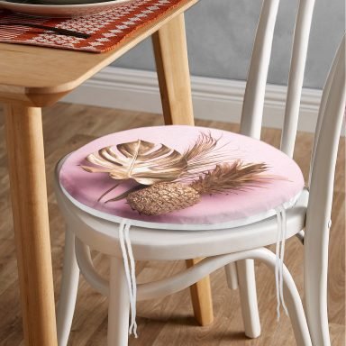 3D Yaprak ve Ananas Desenli Özel Tasarım Yuvarlak Fermuarlı Sandalye Minderi