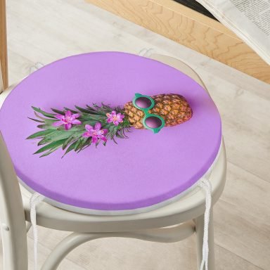 Mor Zeminde Ananas Desenli Modern Yuvarlak Fermuarlı Sandalye Minderi