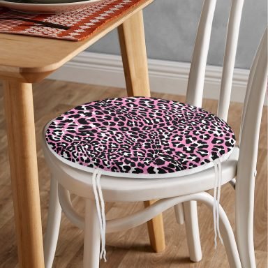 Realhomes Pembe Renkli Leopar Desenli Modern Yuvarlak Fermuarlı Sandalye Minderi