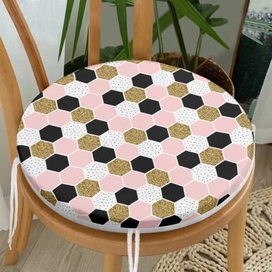 Geometrik Petek Desenli Altın Detaylı Modern Yuvarlak Fermuarlı Sandalye Minderi