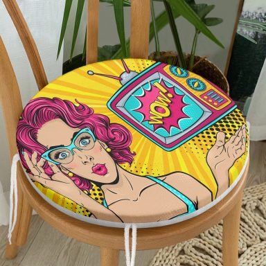 Pop Art Wow Desenli Özel Tasarım Yuvarlak Fermuarlı Sandalye Minderi