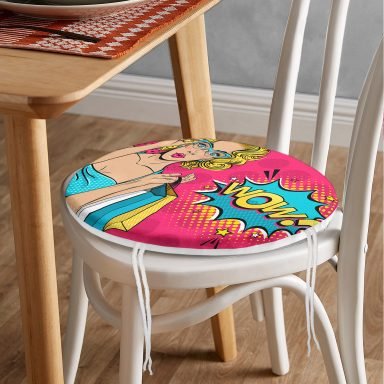Pembe Pop Art Wow Tasarımlı Yuvarlak Fermuarlı Sandalye Minderi