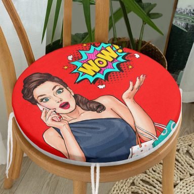 Kırmızı Zeminli Popart Wow Desenli Modern Yuvarlak Fermuarlı Sandalye Minderi