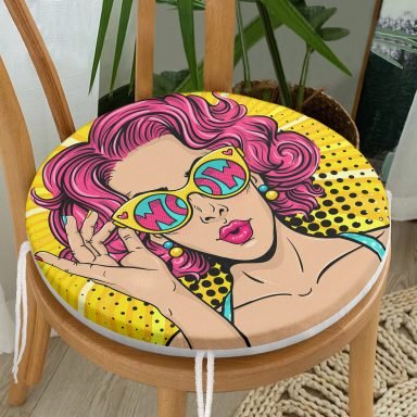Sarı Zeminli Pop Art Girl Desenli Yuvarlak Fermuarlı Sandalye Minderi