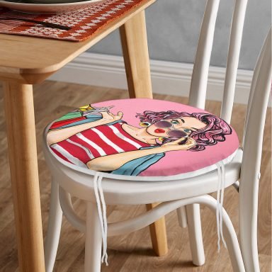 Pembe Zeminli Popart Desenli Yuvarlak Fermuarlı Sandalye Minderi