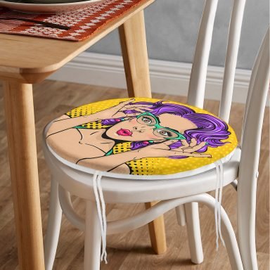 Sarı Puanlı Popart Desenli Yuvarlak Fermuarlı Sandalye Minderi