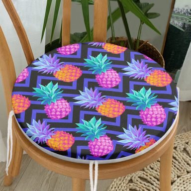 Mavi Zikzak Zeminli Ananas Desenli Yuvarlak Fermuarlı Sandalye Minderi