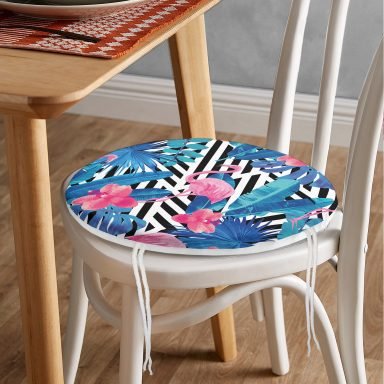 Geometrik Mavi Pembe Flamingo Tasarımlı Dijital Baskılı Yuvarlak Fermuarlı Sandalye Minderi