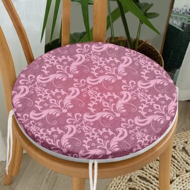 Fuşya Zeminli Damask Motifler Modern Yuvarlak Fermuarlı Sandalye Minderi