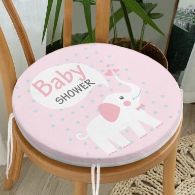 Pembe Zeminli Baby Shower Temalı Özel Tasarımlı Dijital Baskılı Çocuk Odası Yuvarlak Fermuarlı Sandalye Minderi
