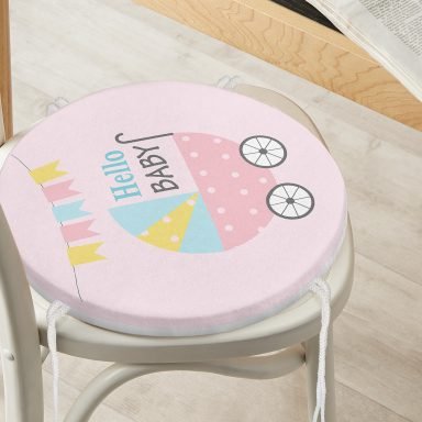Pembe Zeminli Bebek Arabası Temalı Özel Tasarımlı Dijital Baskılı Çocuk Odası Yuvarlak Fermuarlı Sandalye Minderi