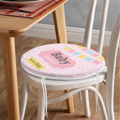 Pembe Zemin Baby Shower Temalı Özel Tasarımlı Dijital Baskılı Çocuk Odası Yuvarlak Fermuarlı Sandalye Minderi