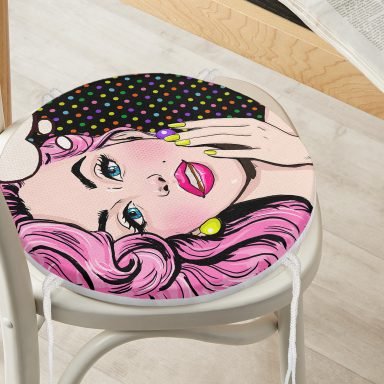 Pop Art Retro Dijital Baskılı Yuvarlak Fermuarlı Sandalye Minderi