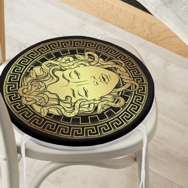 Realhomes Özel Tasarım Siyah Zeminde Gold Medusa Yuvarlak Fermuarlı Sandalye Minderi