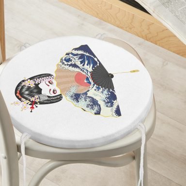 Yelpazeli Japan Kadın Motifli Yuvarlak Fermuarlı Sandalye Minderi