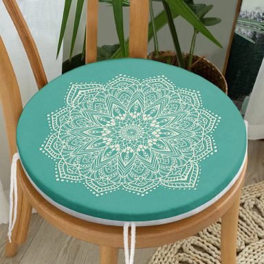 Turkuaz Zeminde Mandala Dijital Baskılı Modern Yuvarlak Fermuarlı Sandalye Minderi
