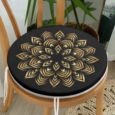 Siyah Zeminde Gold Mandala Motifli Yuvarlak Fermuarlı Sandalye Minderi