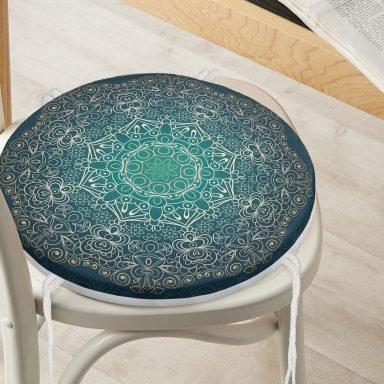 Lacivert Desenli Gold Mandala Motifli Yuvarlak Fermuarlı Sandalye Minderi