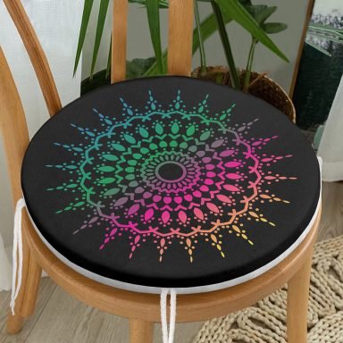 Siyah Zeminde Pembe Yeşil Mandala Motifli Yuvarlak Fermuarlı Sandalye Minderi