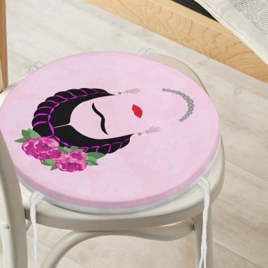 Pembe Zeminde Kahlo Frida Dijital Baskılı Yuvarlak Fermuarlı Sandalye Minderi