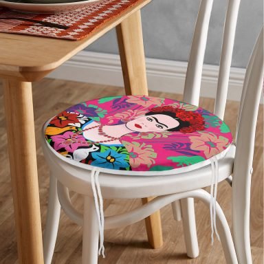 Fuşya Zeminde Frida Kahlo Motifli Özel Tasarım Yuvarlak Fermuarlı Sandalye Minderi