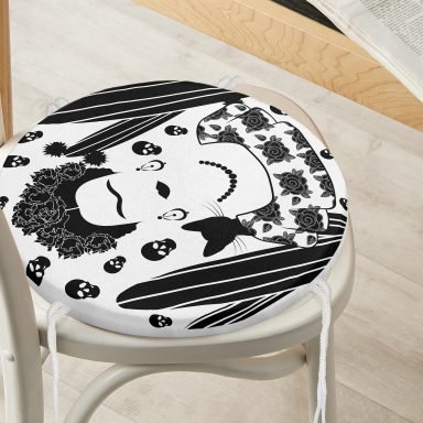 Realhomes Black Frida Kahlo Basklı Yuvarlak Fermuarlı Sandalye Minderi