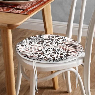 Leopar Dijital Baskılı İkat Desenli Modern Yuvarlak Fermuarlı Sandalye Minderi