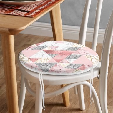 Geometrik Pembe Ve Gri Mermer Motifli Özel Tasarım Yuvarlak Fermuarlı Sandalye Minderi