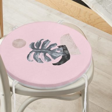Pembe Zeminde Tropik Yaprak Desen Dijital Baskılı Özel Tasarım Yuvarlak Fermuarlı Sandalye Minderi