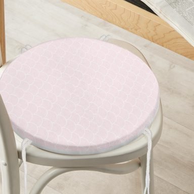 Pembe Geometrik Pul Desenli Dijital Baskılı Yuvarlak Fermuarlı Sandalye Minderi