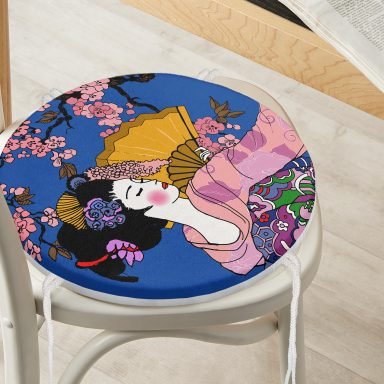 Çiçek Desenli Yelpazeli Japon Kız Motifli Modern Yuvarlak Fermuarlı Sandalye Minderi