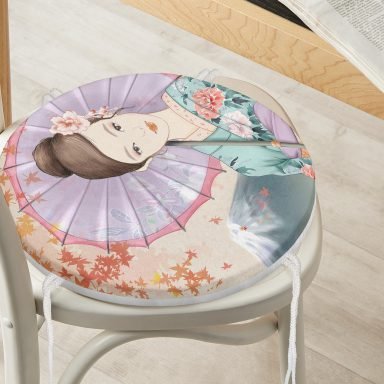 Şemsiyeli Japon Kız Motifli Yuvarlak Fermuarlı Sandalye Minderi